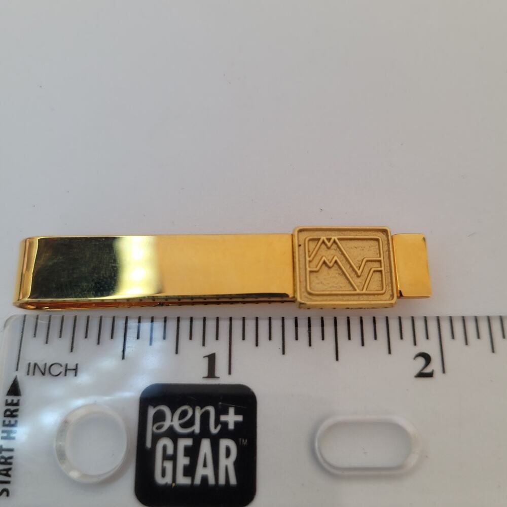 Mario Valentino MV USA Vintage Tack Tie Clasp Clip Bar Gold Retro Logo Rectangle - Picture 6 of 6